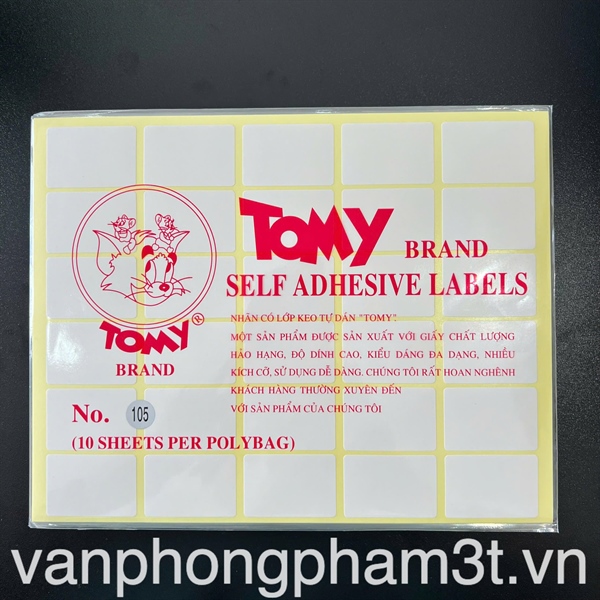 Sticker (decal) Tomy 105 A5 (Chữ nhật 25x37mm, 30 tem/tờ, 10 tờ/xấp) - Xấp